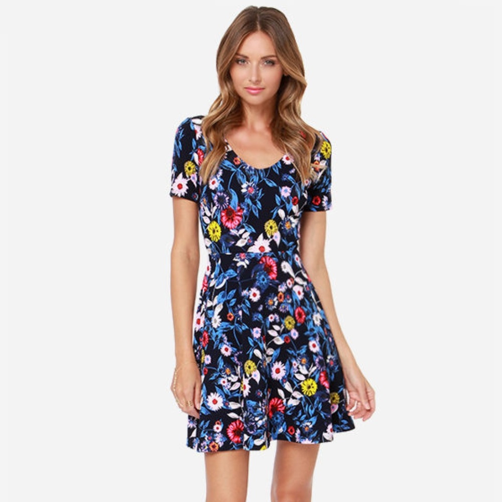 Lush Navy Blue Floral Print Dress